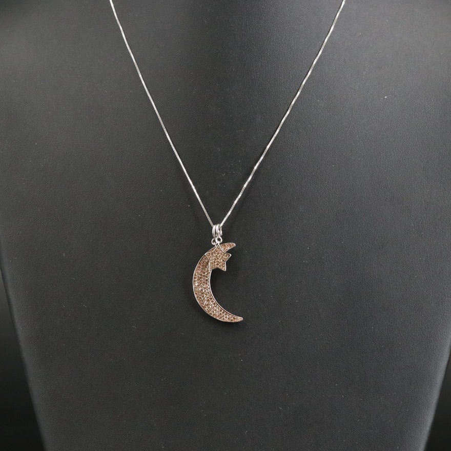 Sterling Silver Diamond Star and Moon Pendant Necklace