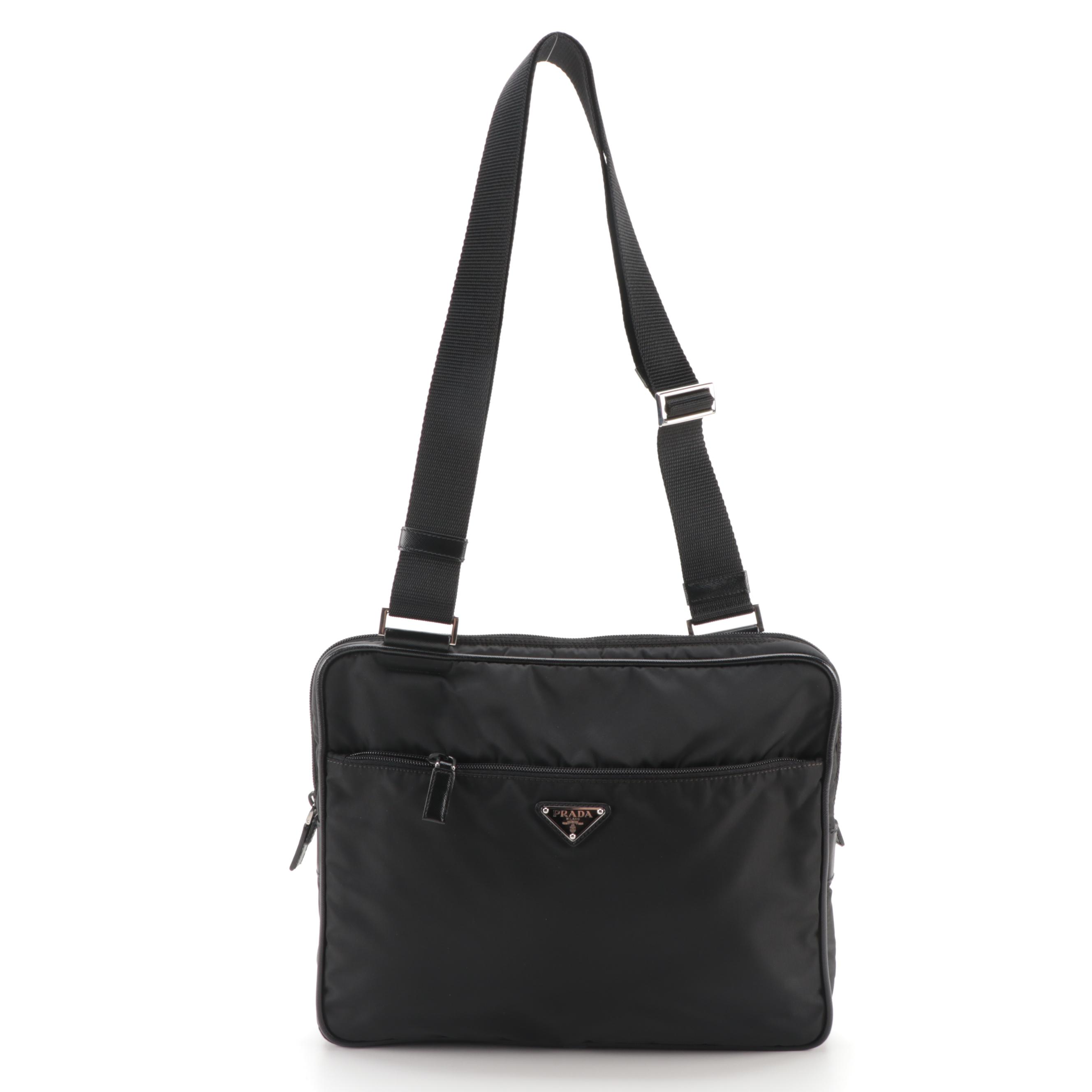 Prada Shoulder Bag in Black Nylon with Saffiano Leather Trim