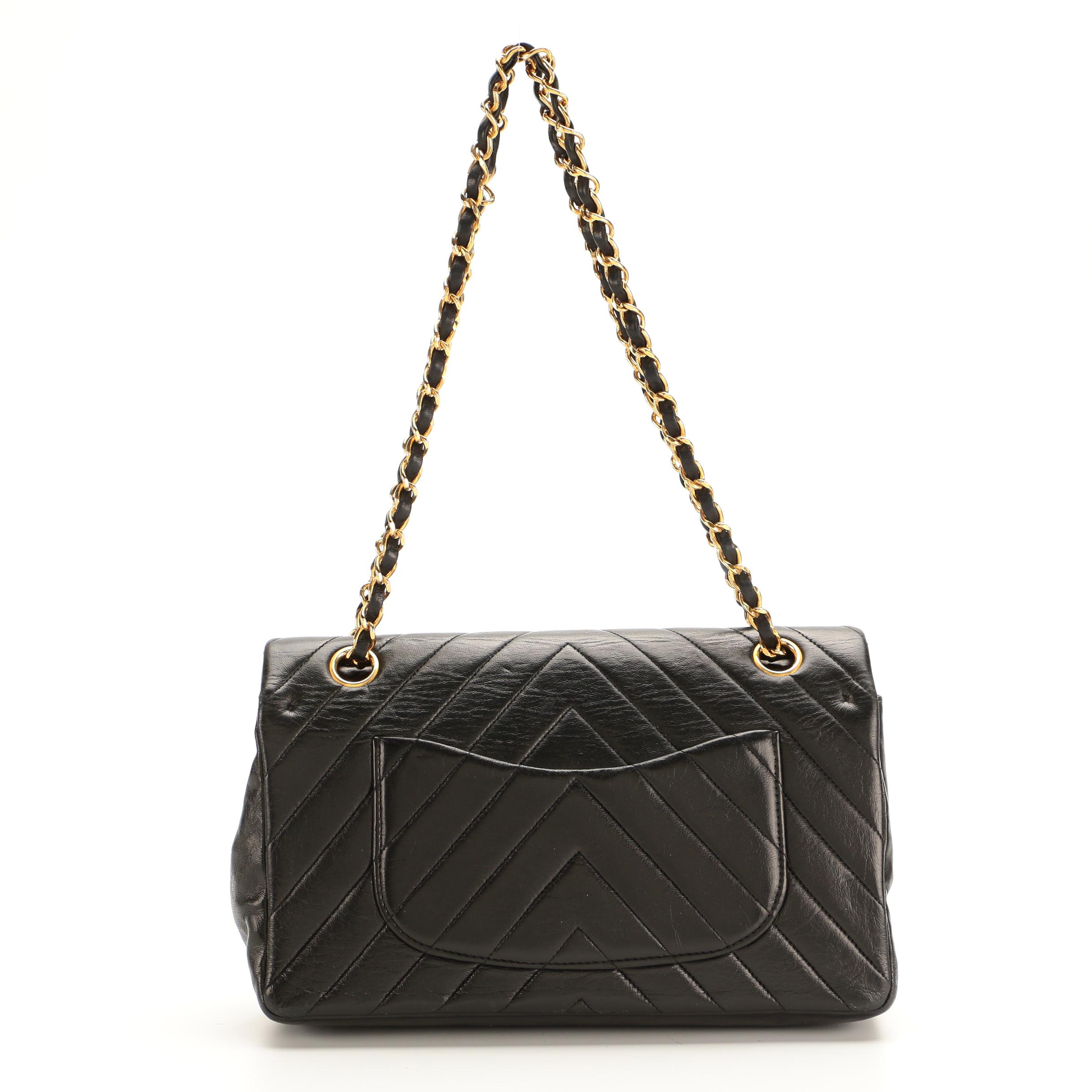 Chanel Chevron Quilted Classic Medium Double Flap Bag in Black Lambskin Leather