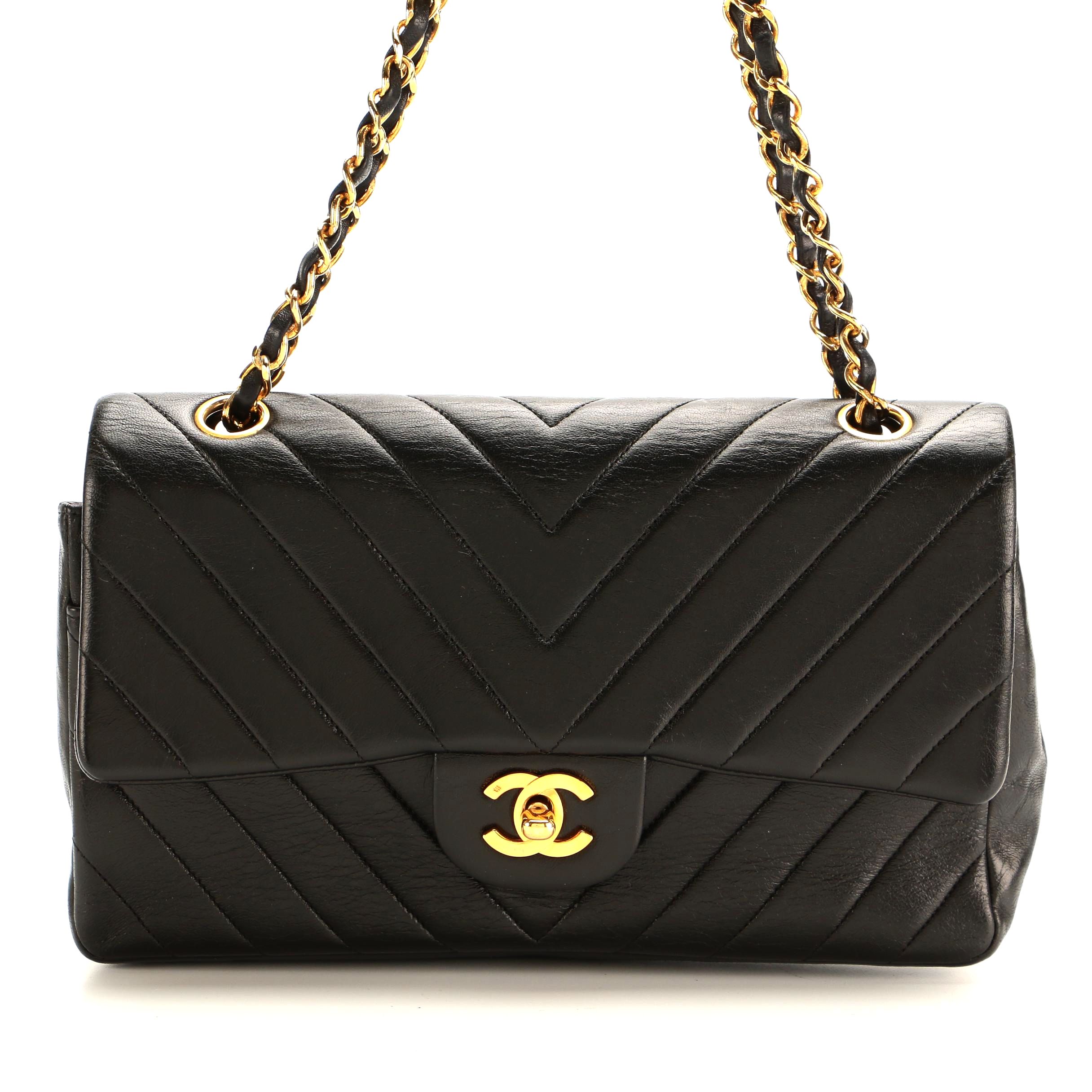 Chanel Chevron Quilted Classic Medium Double Flap Bag in Black Lambskin Leather