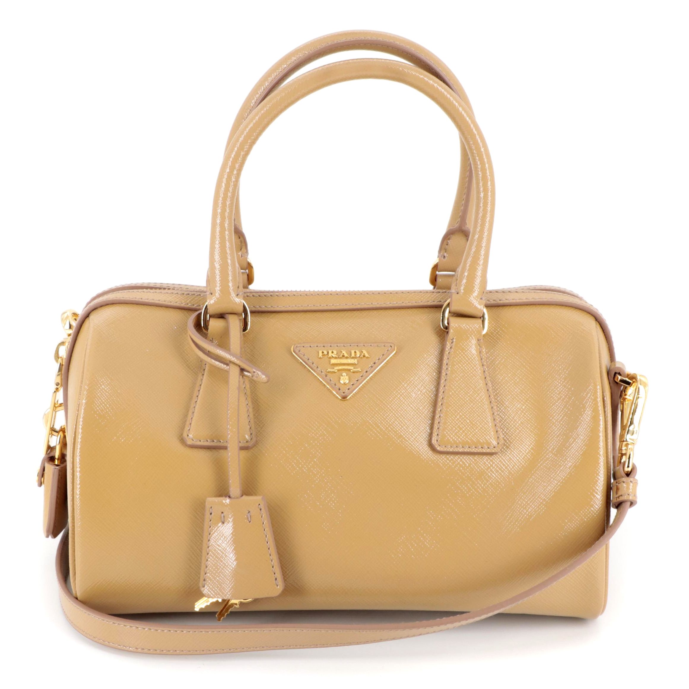Prada Tan Patent Saffiano Leather Two-Way Boston Bag