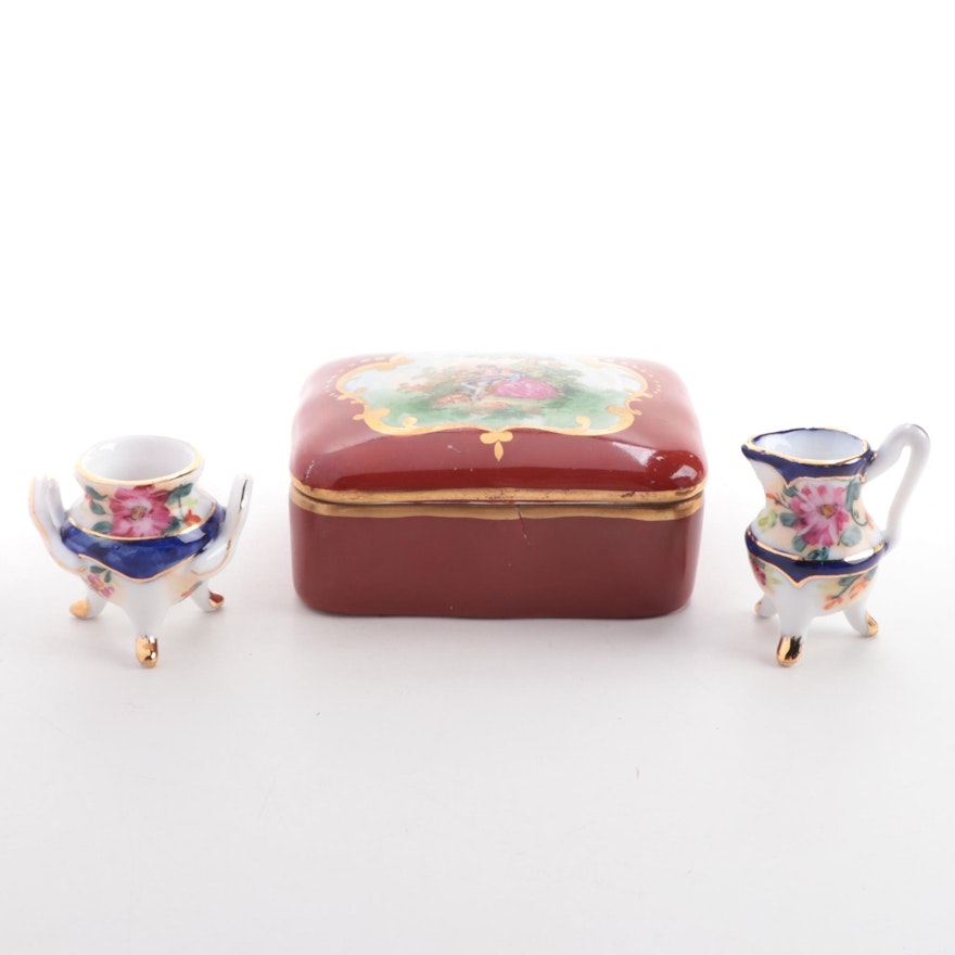 Hand-Painted Porcelain Limoges Lidded Box with Miniature Sugar and Creamer