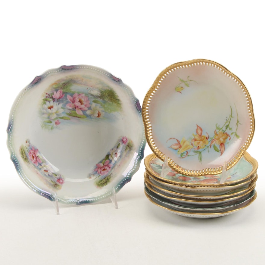P.K. Silesia Bowl with Other German Hobbyist Hand-Painted Porcelain Plates