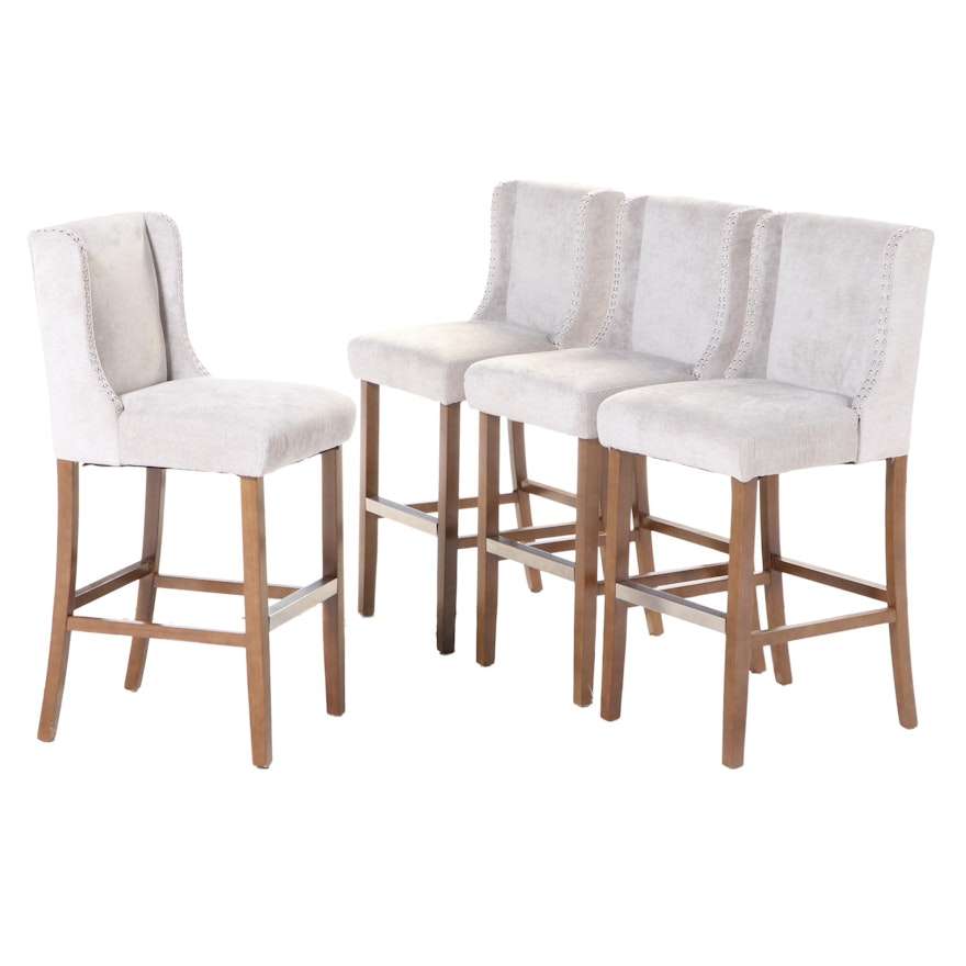 Four Pacific Coast Lighting Chrome-Tacked and Upholstered Wingback Bar Stools