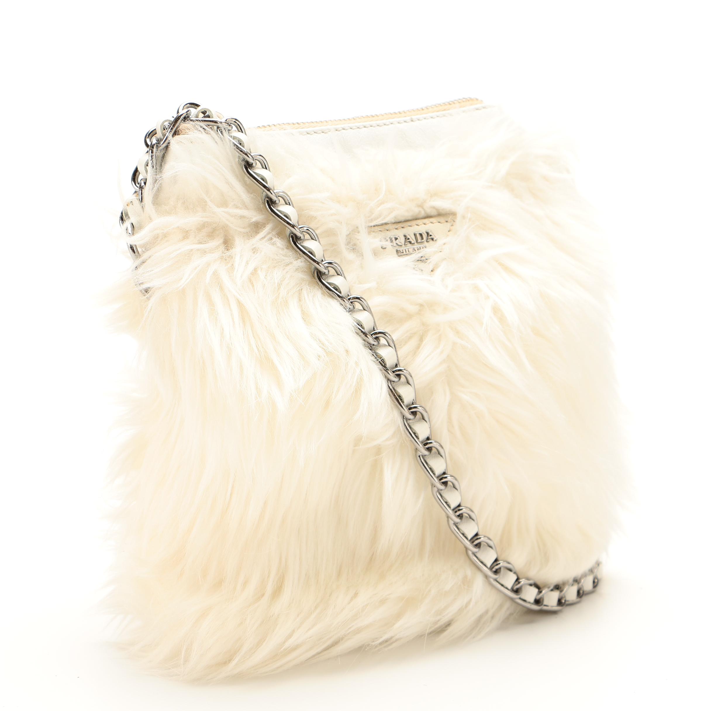 Prada Zipper Crossbody in Off-White Faux Fur with Leather Trim
