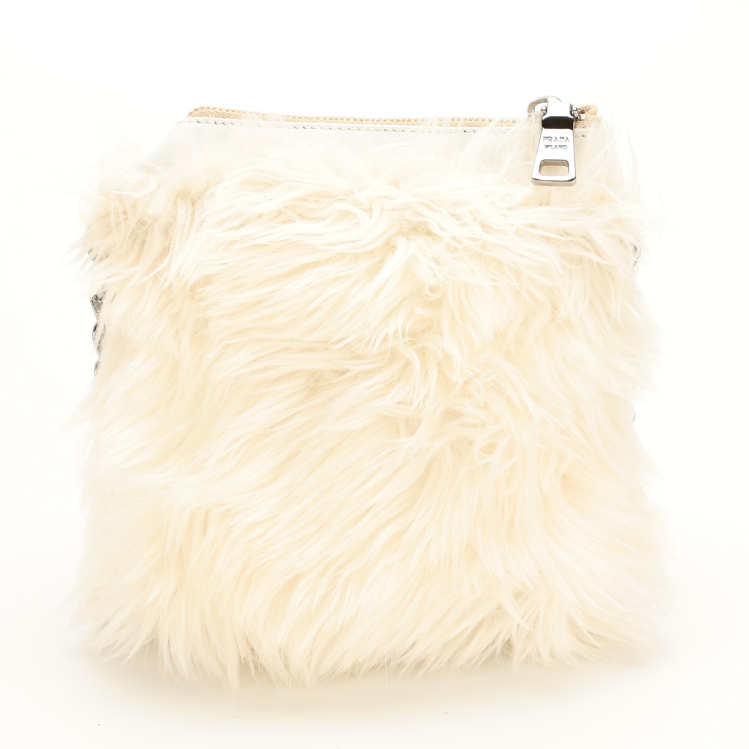 Prada Zipper Crossbody in Off-White Faux Fur with Leather Trim