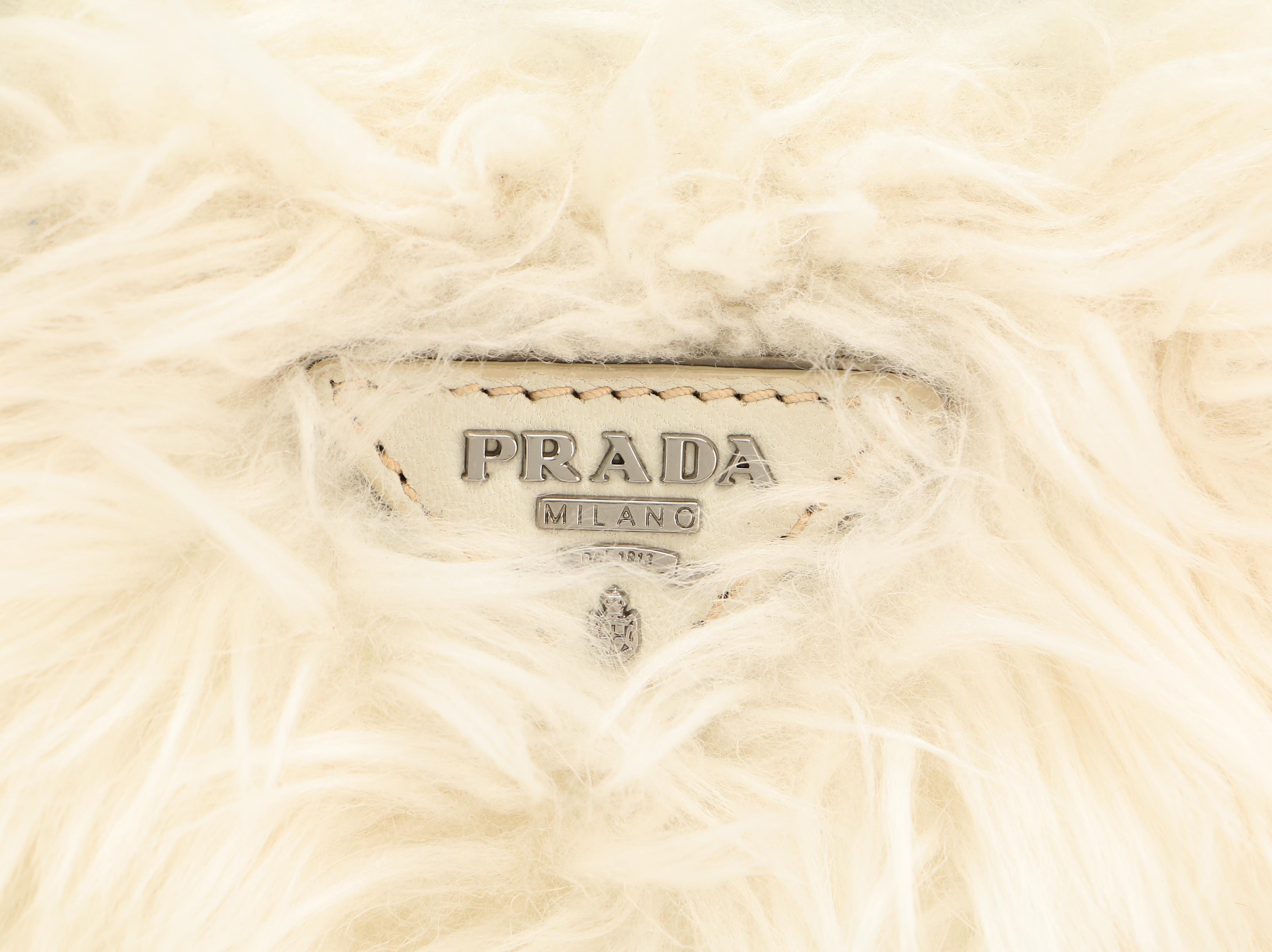 Prada Zipper Crossbody in Off-White Faux Fur with Leather Trim