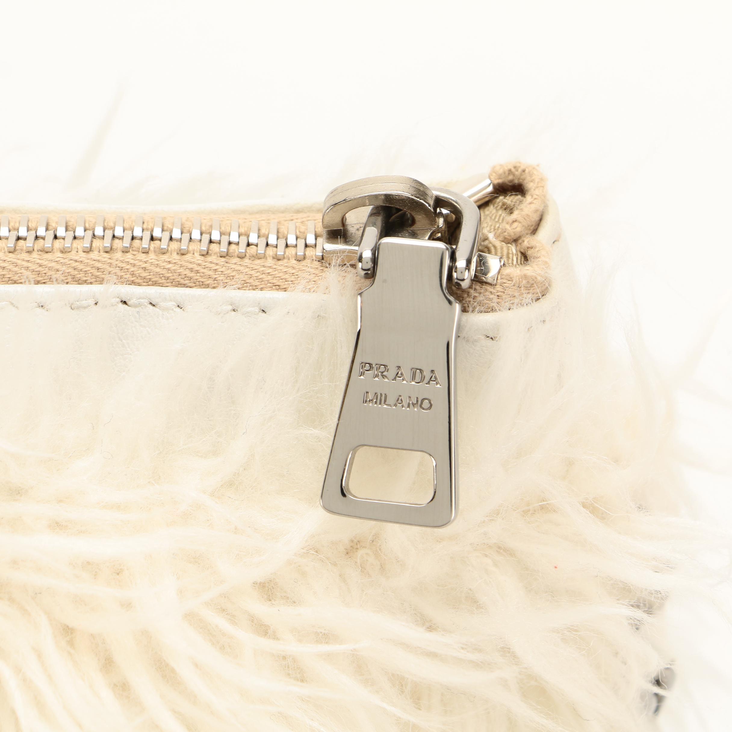 Prada Zipper Crossbody in Off-White Faux Fur with Leather Trim