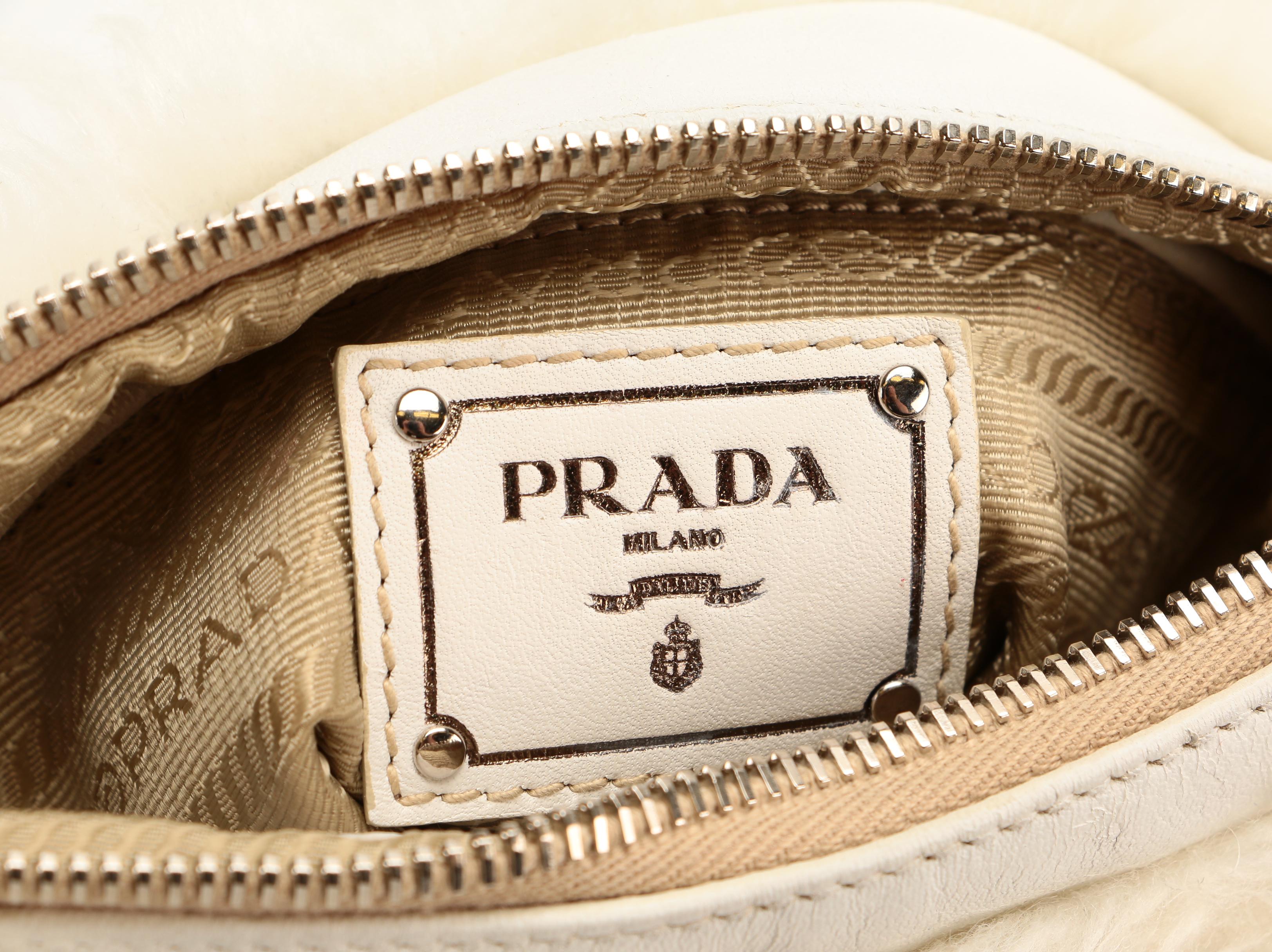 Prada Zipper Crossbody in Off-White Faux Fur with Leather Trim