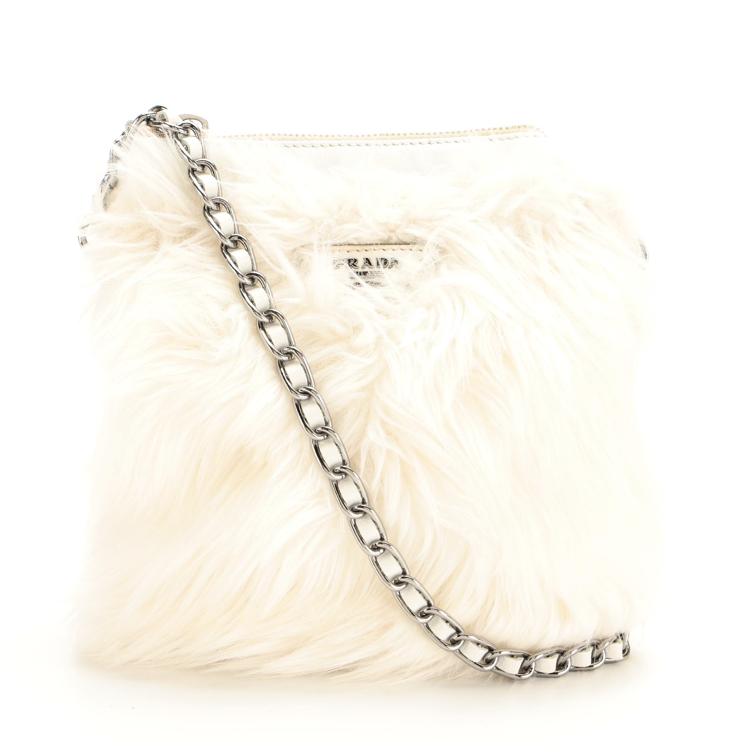 Prada Zipper Crossbody in Off-White Faux Fur with Leather Trim