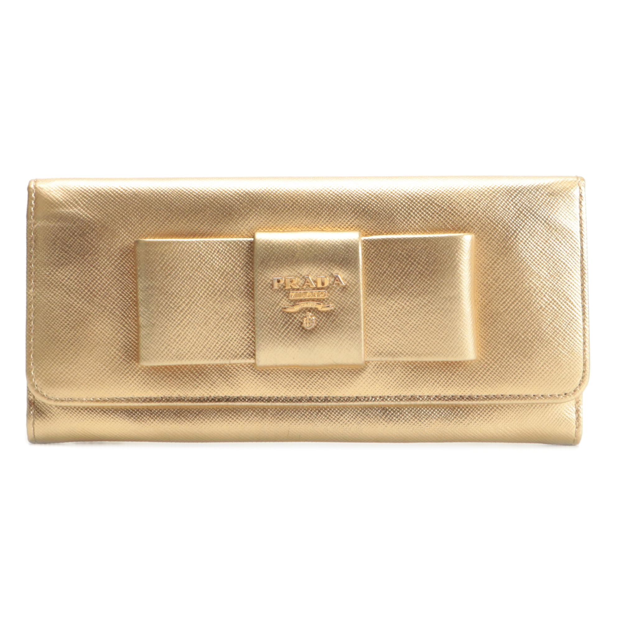 Prada Bow Flap Gold Metallic Saffiano Leather Continental Wallet