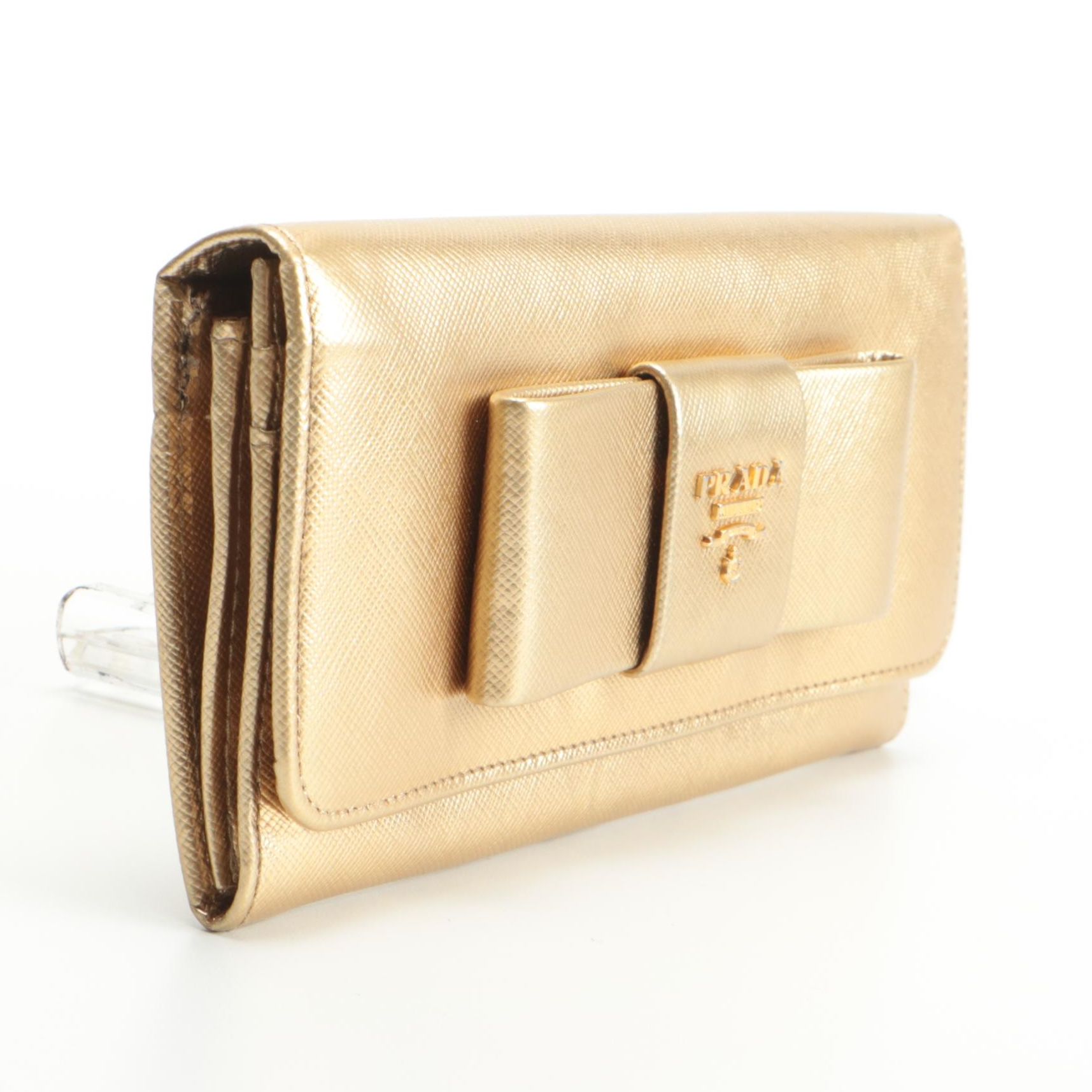 Prada Bow Flap Gold Metallic Saffiano Leather Continental Wallet