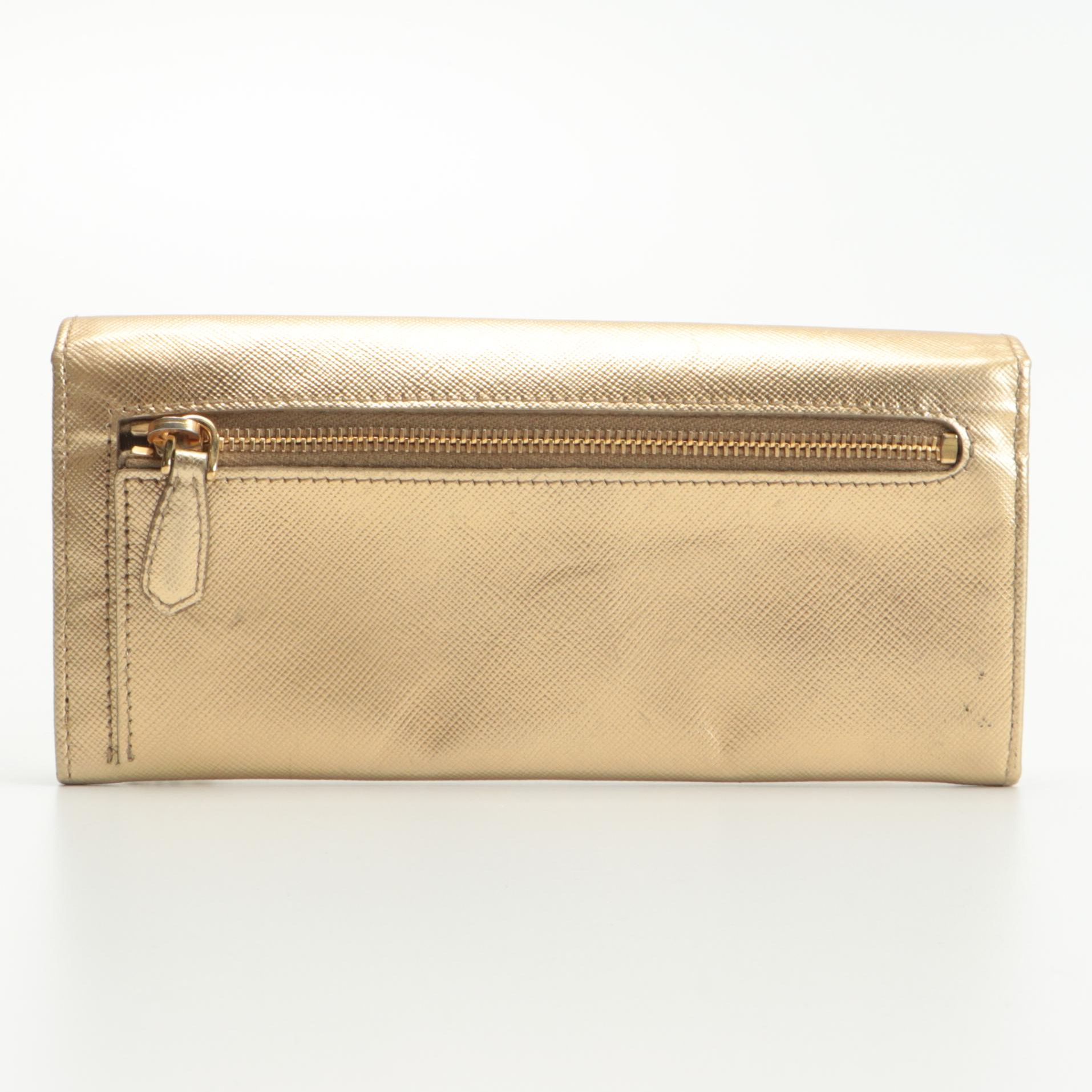 Prada Bow Flap Gold Metallic Saffiano Leather Continental Wallet