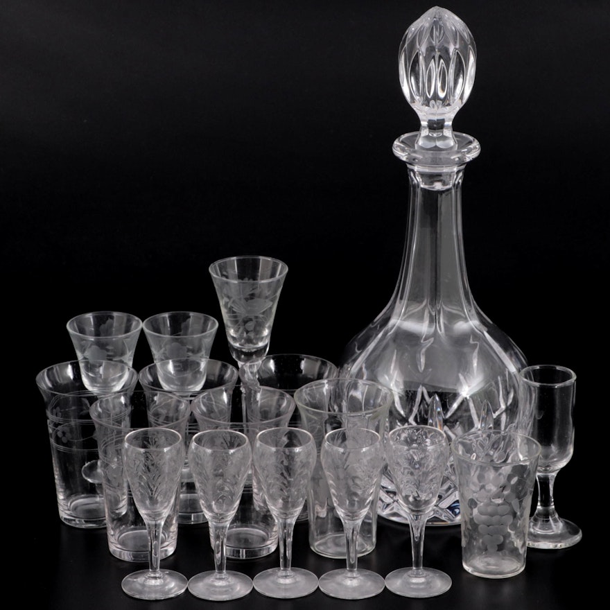 Crystal Decanter with Etched Glasses and Cordials, 20th Century