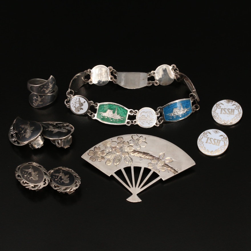 Sterling Jewelry Selection Featuring K. Uyeda Fan Brooch and Niello Earrings