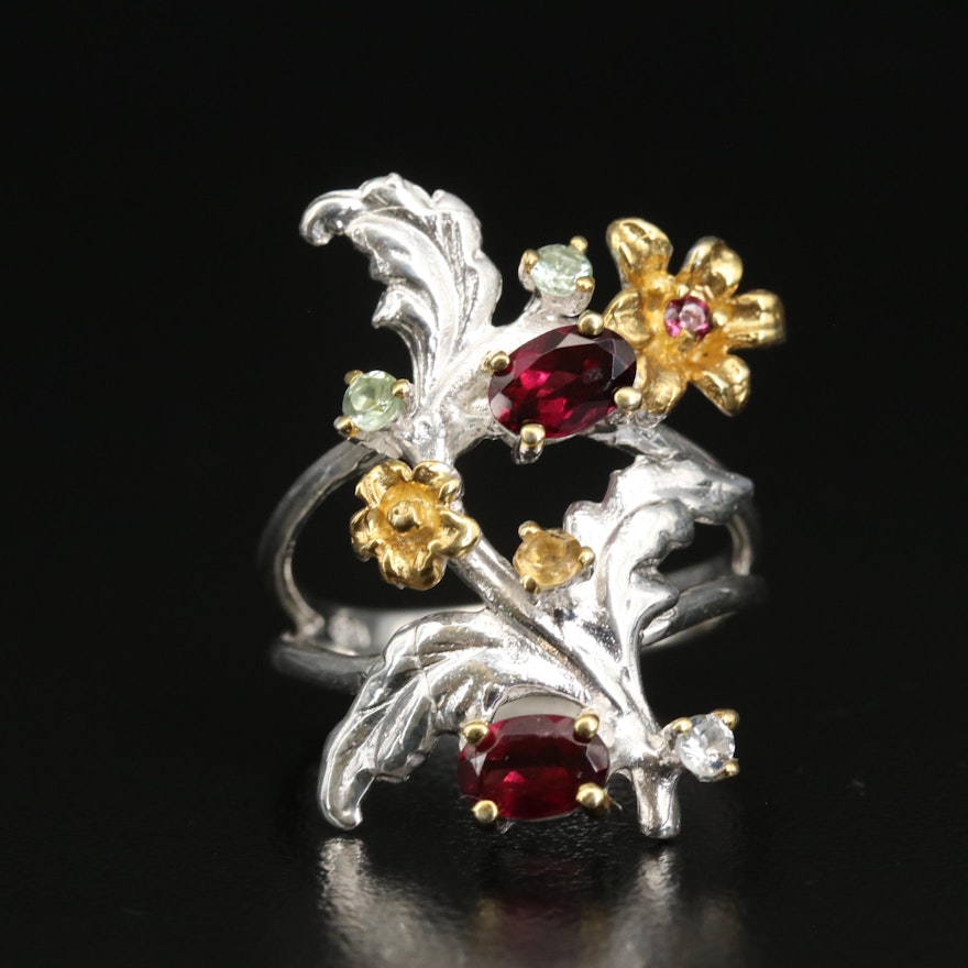 Sterling Rhodolite Garnet, Citrine and Prasiolite Floral Ring