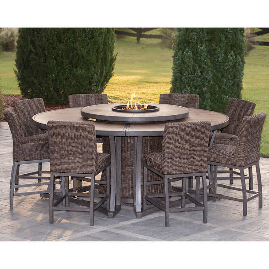 Agio Eleven-Piece Resin Wicker Bar Height Fire Pit Dining Set