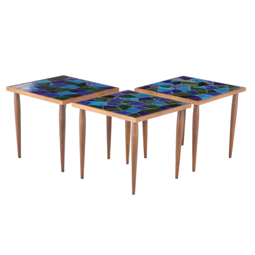 Jon Matin Mosaic Glass Top Walnut Nesting Tables, Mid-20th Century