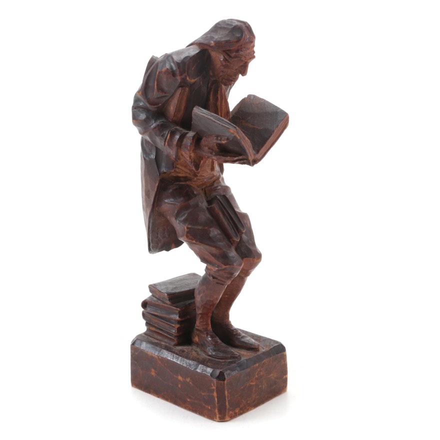 Franz Luschtinetz Hand-Carved Wooden Sculpture of Man Reading