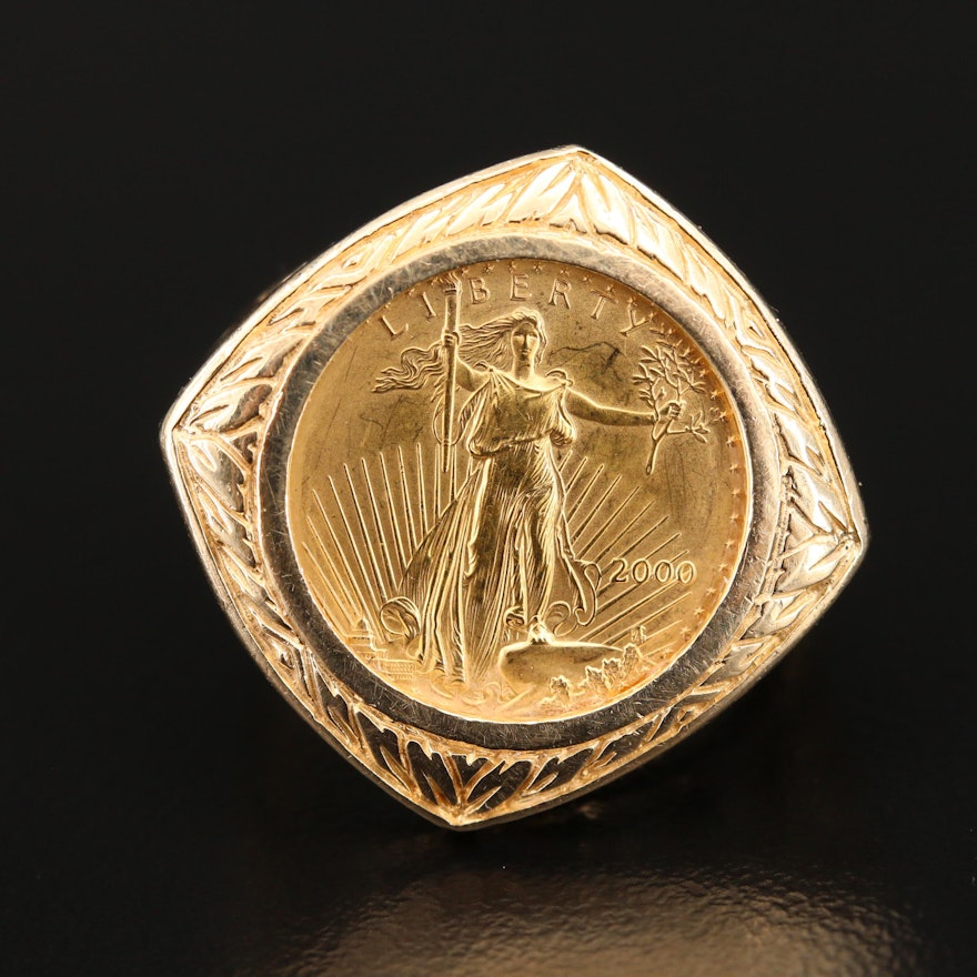 Art Nouveau Style 14K Openwork Ring Holding $5 Gold Eagle Coin