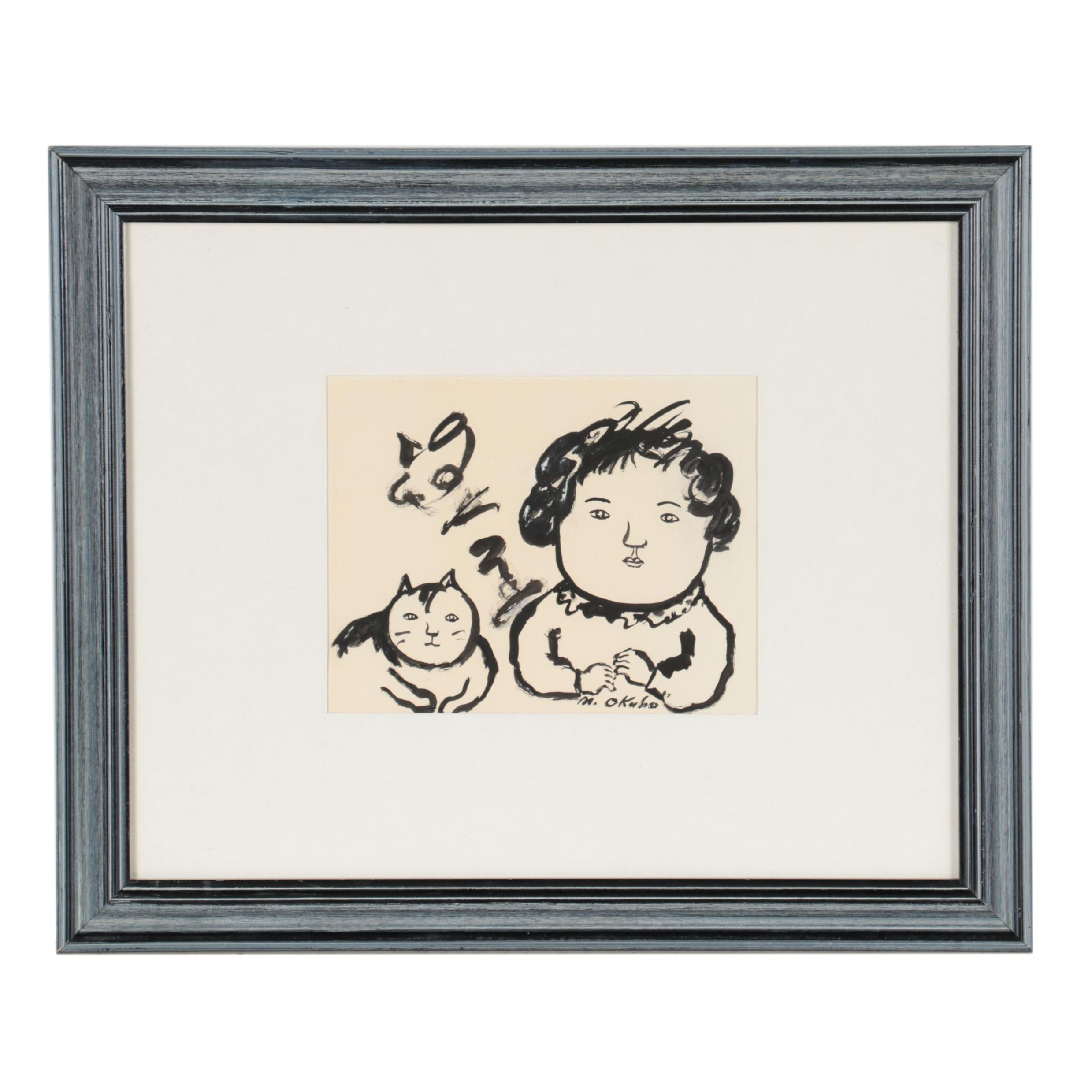 Miné Okubo Ink Wash Drawing of Woman with Cat, Circa 1970