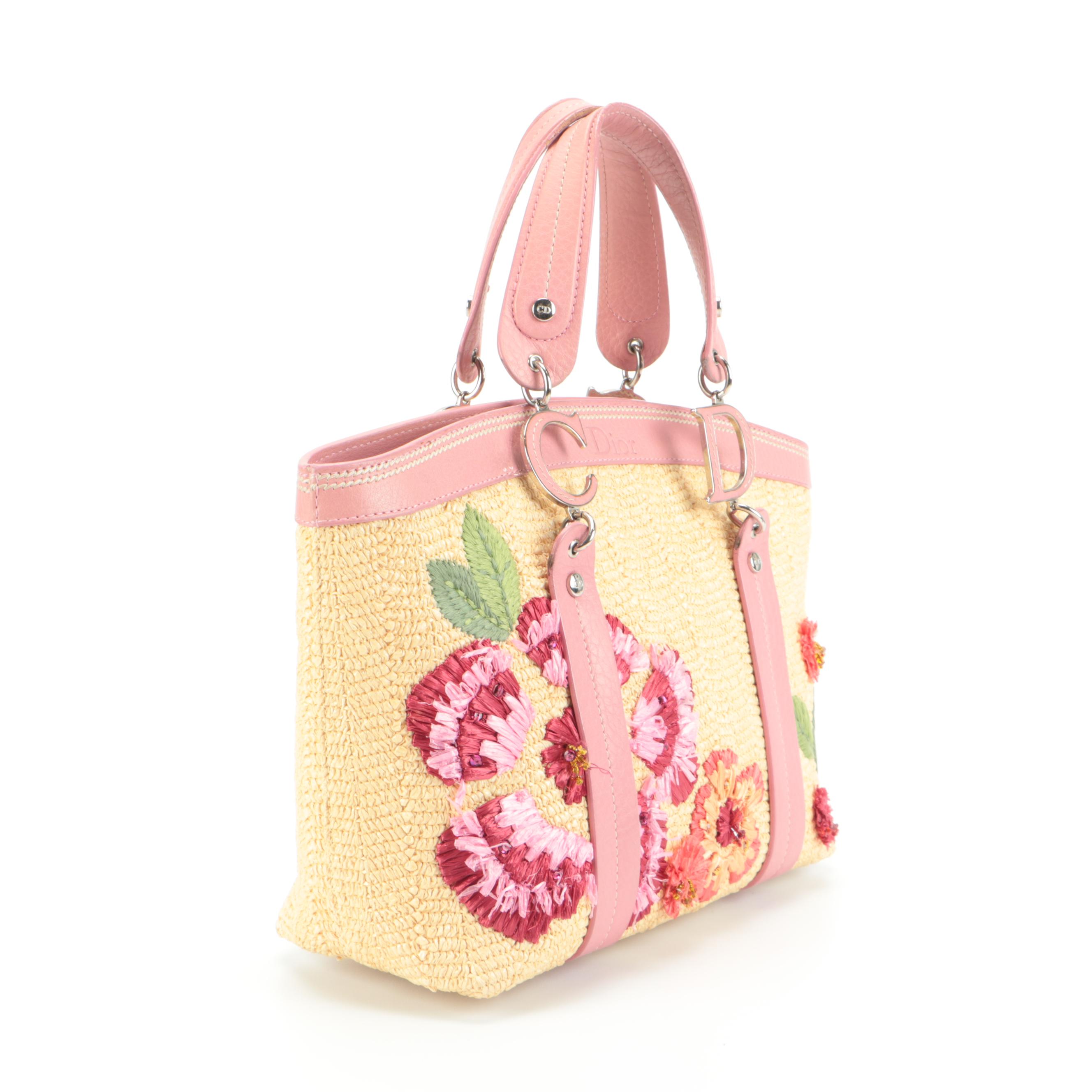 Christian Dior Limited Edition Straw Tote with Pink Leather Trim