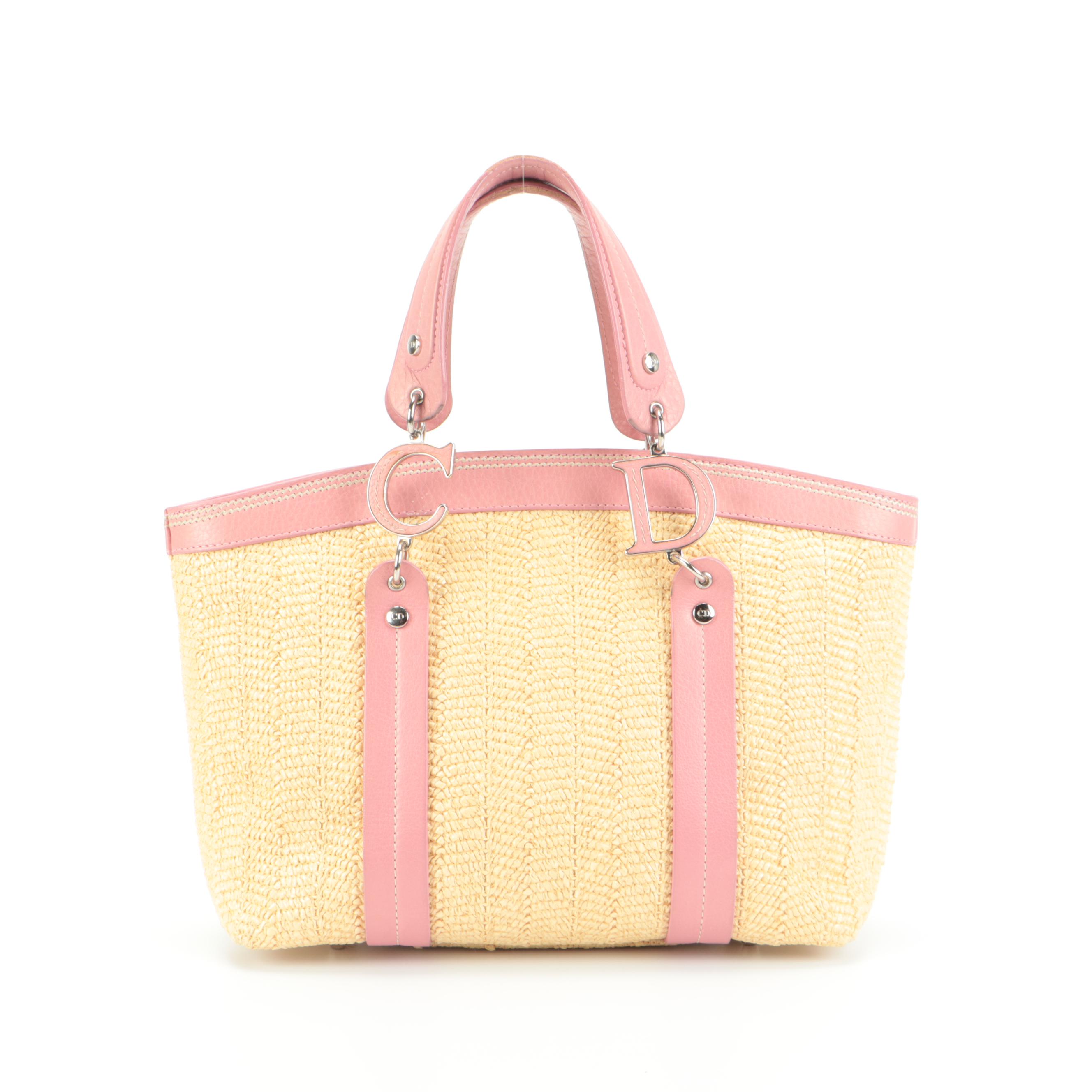 Christian Dior Limited Edition Straw Tote with Pink Leather Trim