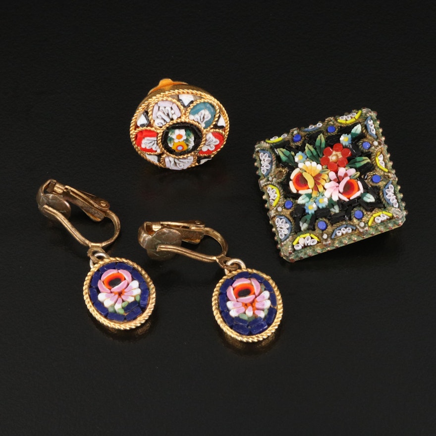 Antique Italian Micromosaic Brooch with Vintage Micromosaic Earrings