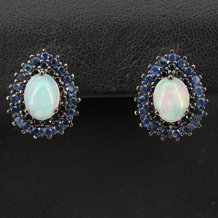 Sterling Silver Opal and Sapphire Double Halo Earrings