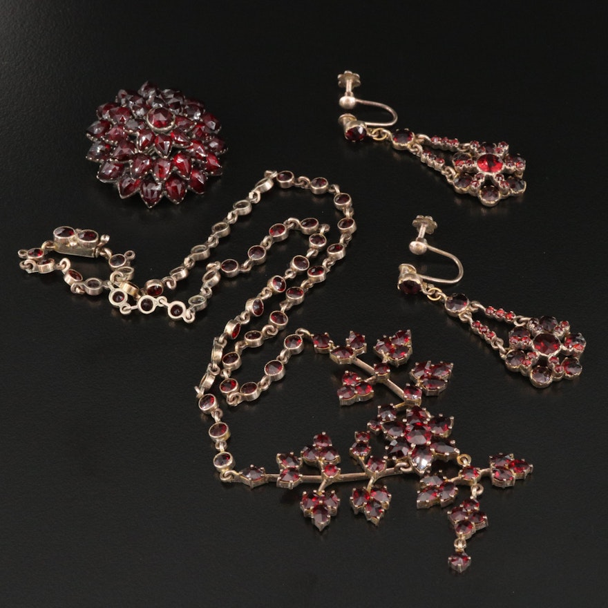 Vintage Garnet Necklace, Earrings and Brooch