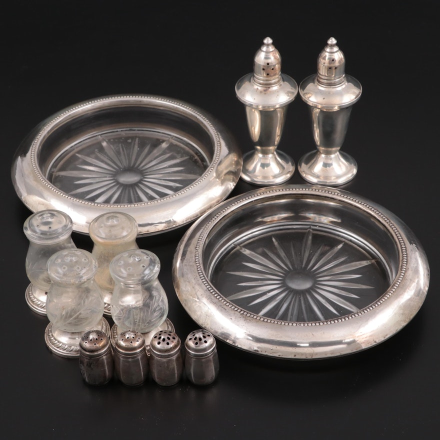 Frank M. Whiting Sterling Rimmed Bottle Coasters and Other Tableware