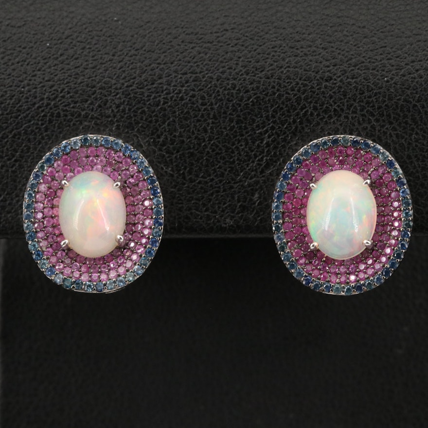 Sterling Opal, Ruby and Sapphire Pavé Halo Earrings