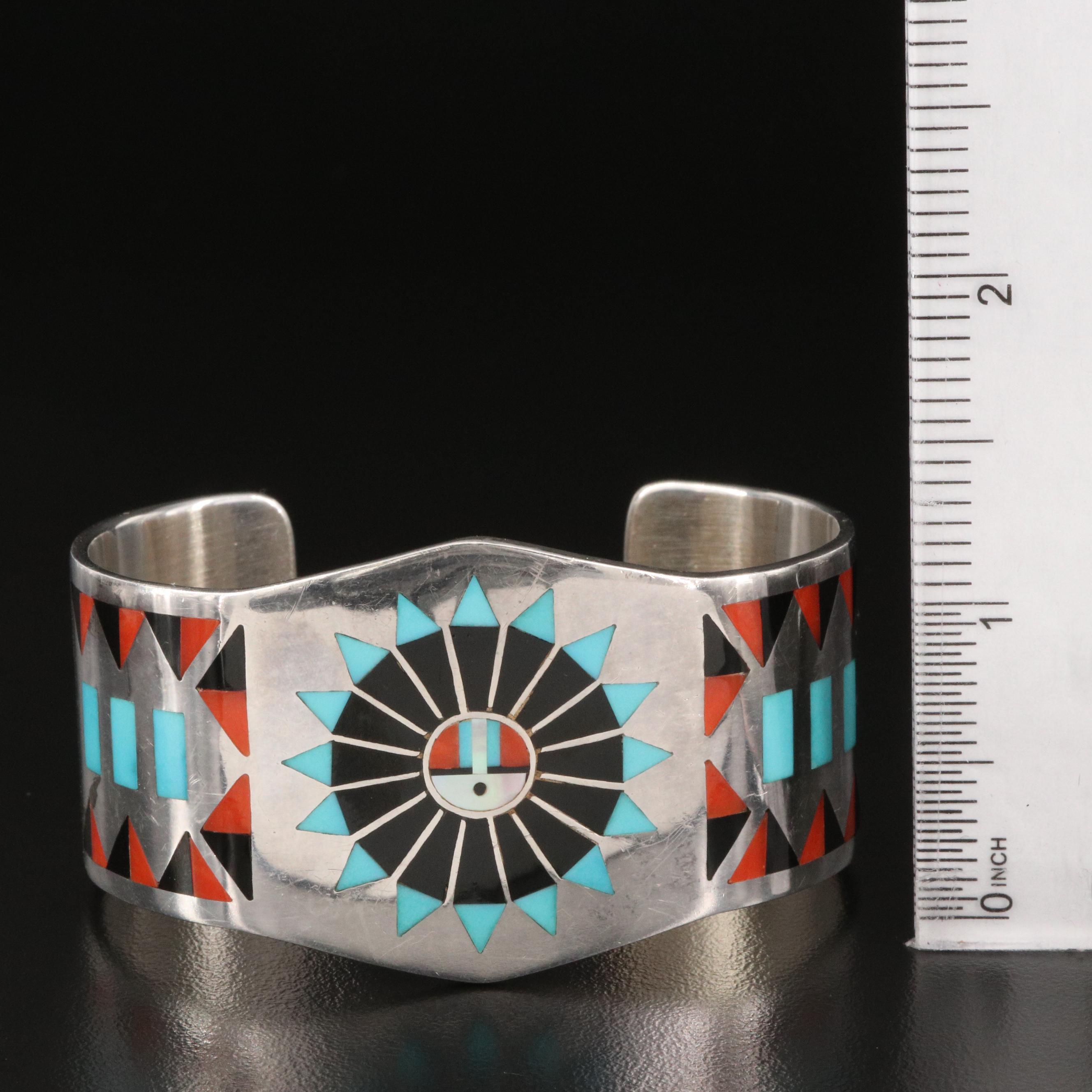 Vintage Fred and Lolita Natachu Zuni Sterling Silver Cuff with Gemstone Inlay