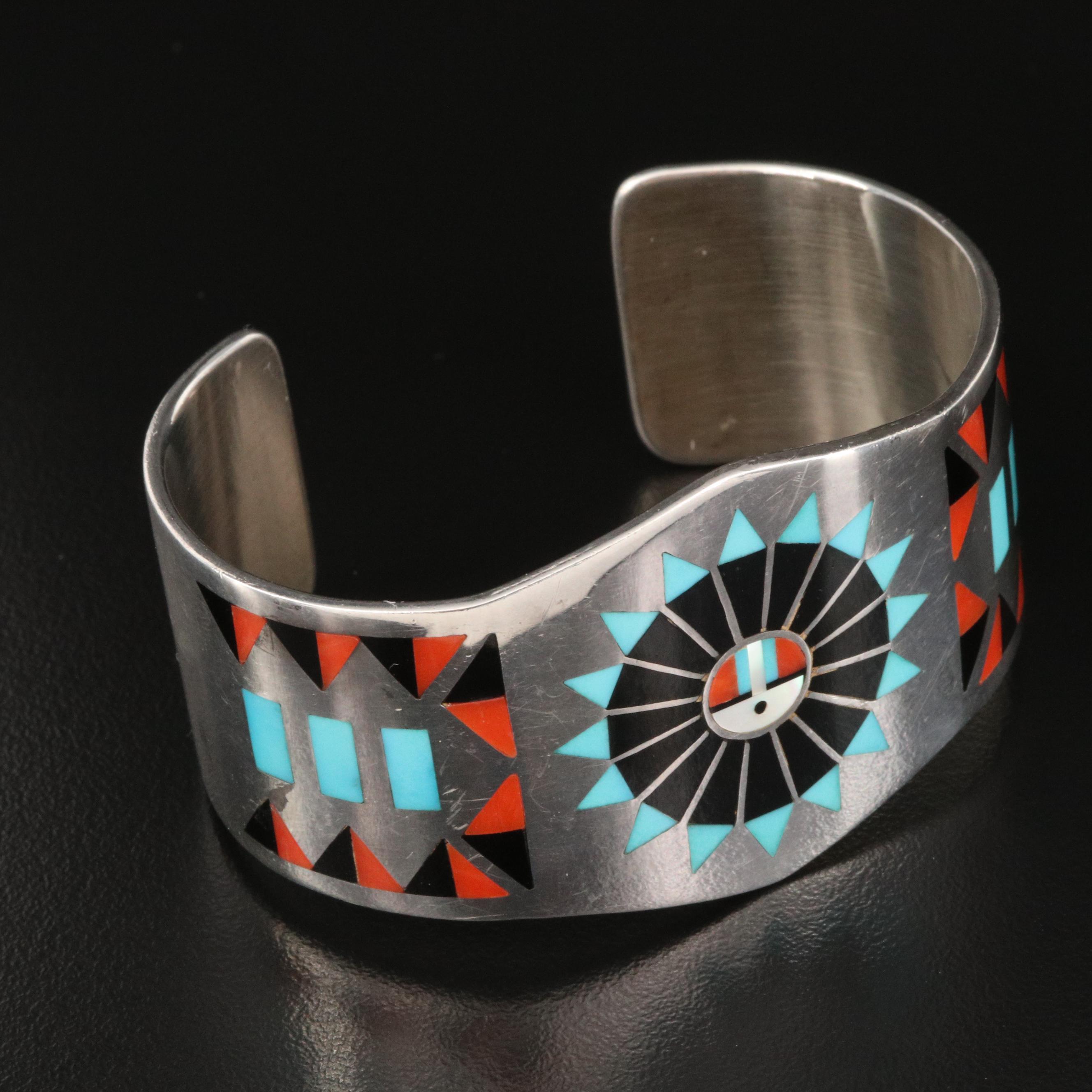 Vintage Fred and Lolita Natachu Zuni Sterling Silver Cuff with Gemstone Inlay