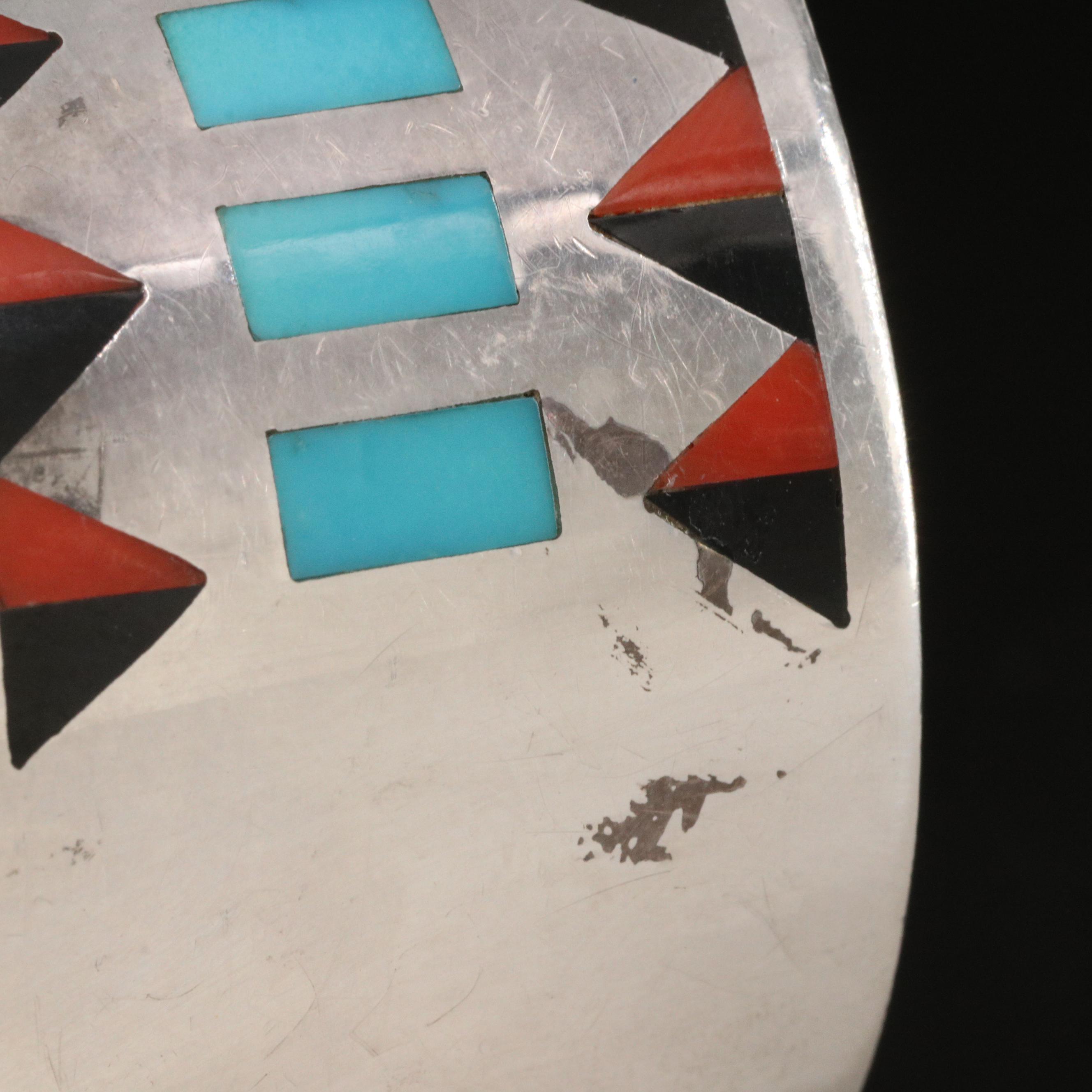 Vintage Fred and Lolita Natachu Zuni Sterling Silver Cuff with Gemstone Inlay