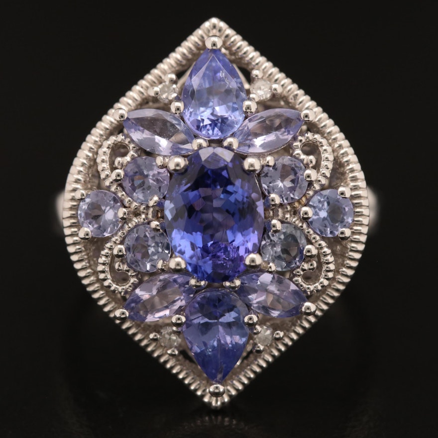 Sterling Tanzanite and Diamond Ring with Scrollwork Detail