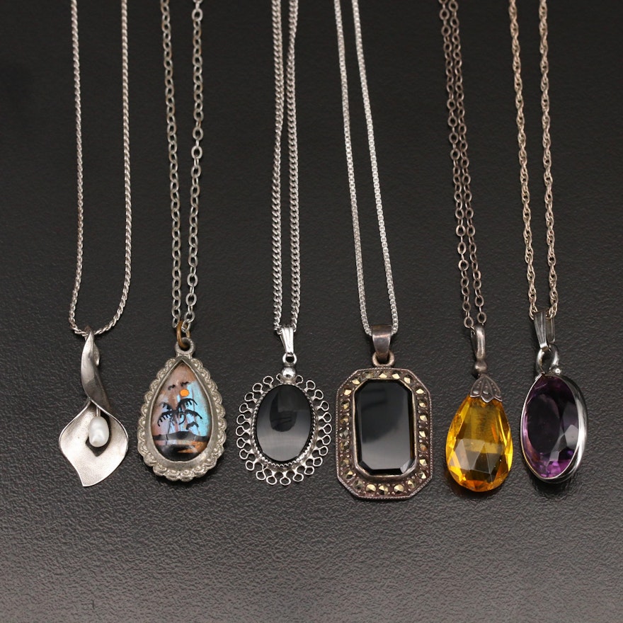 Sterling Necklaces Featuring Black Onyx, Marcasite and Pearl