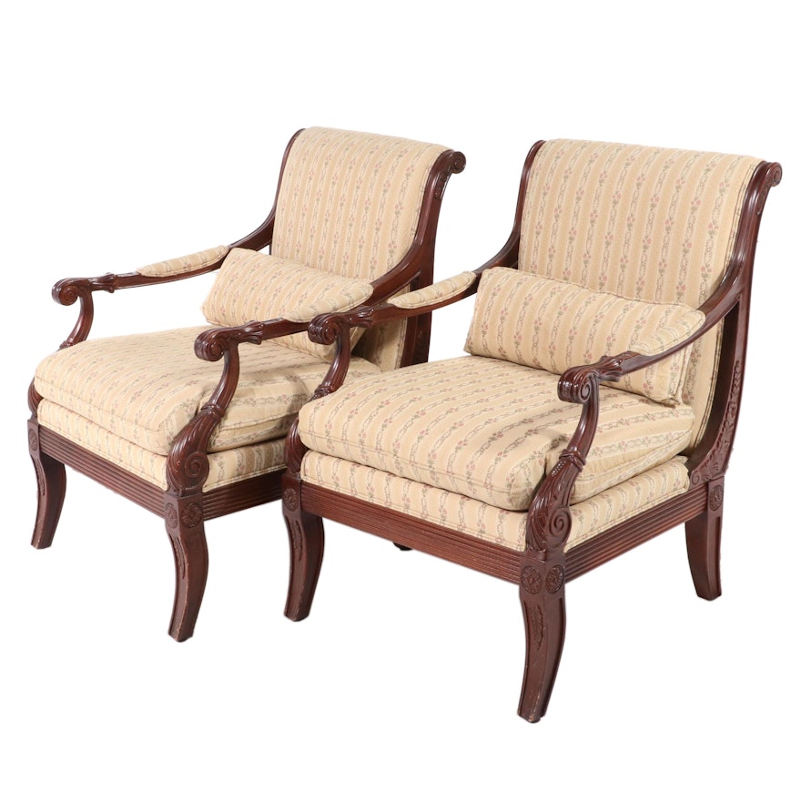 Pair of Ethan Allen Neoclassical Style Custom-Upholstered Beech Fauteuils