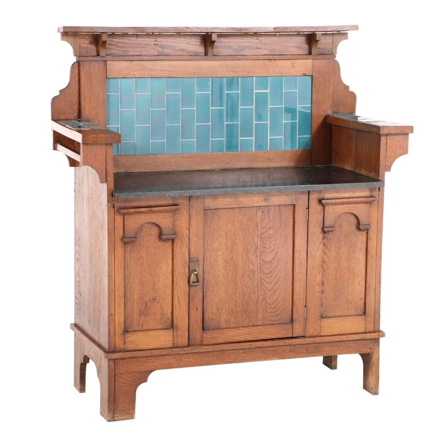 English Arts and Crafts Oak, Marble, and Ceramic Tile Washstand