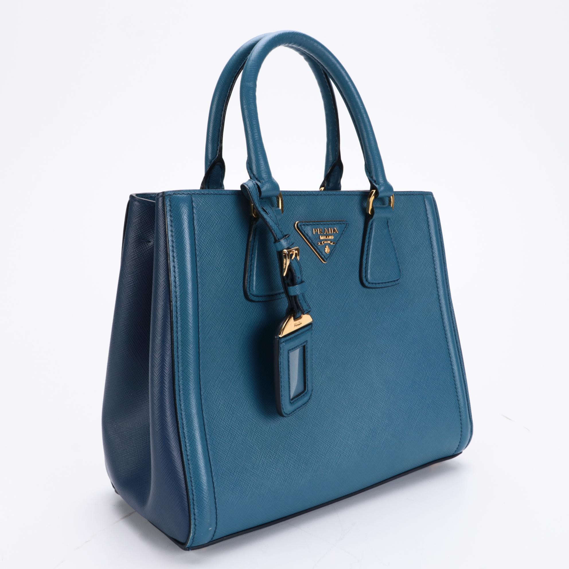 Prada Bicolor Convertible Open Tote in Blue Saffiano Leather
