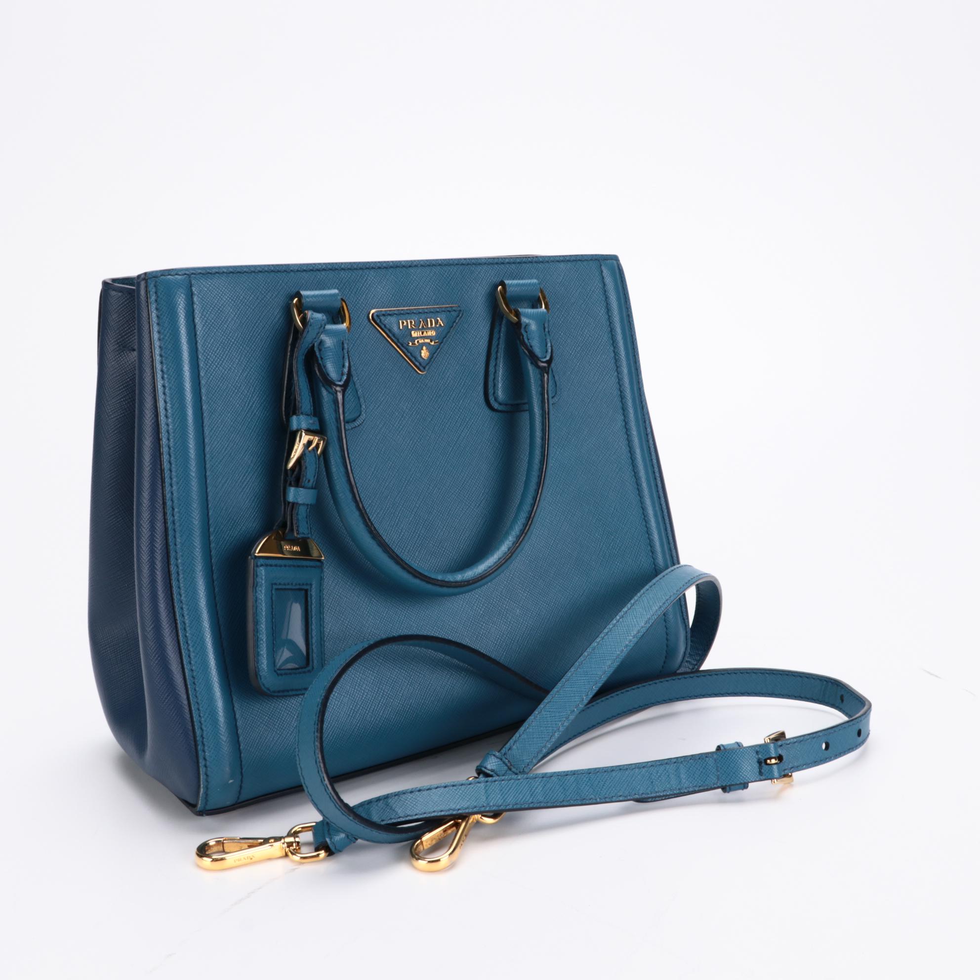 Prada Bicolor Convertible Open Tote in Blue Saffiano Leather
