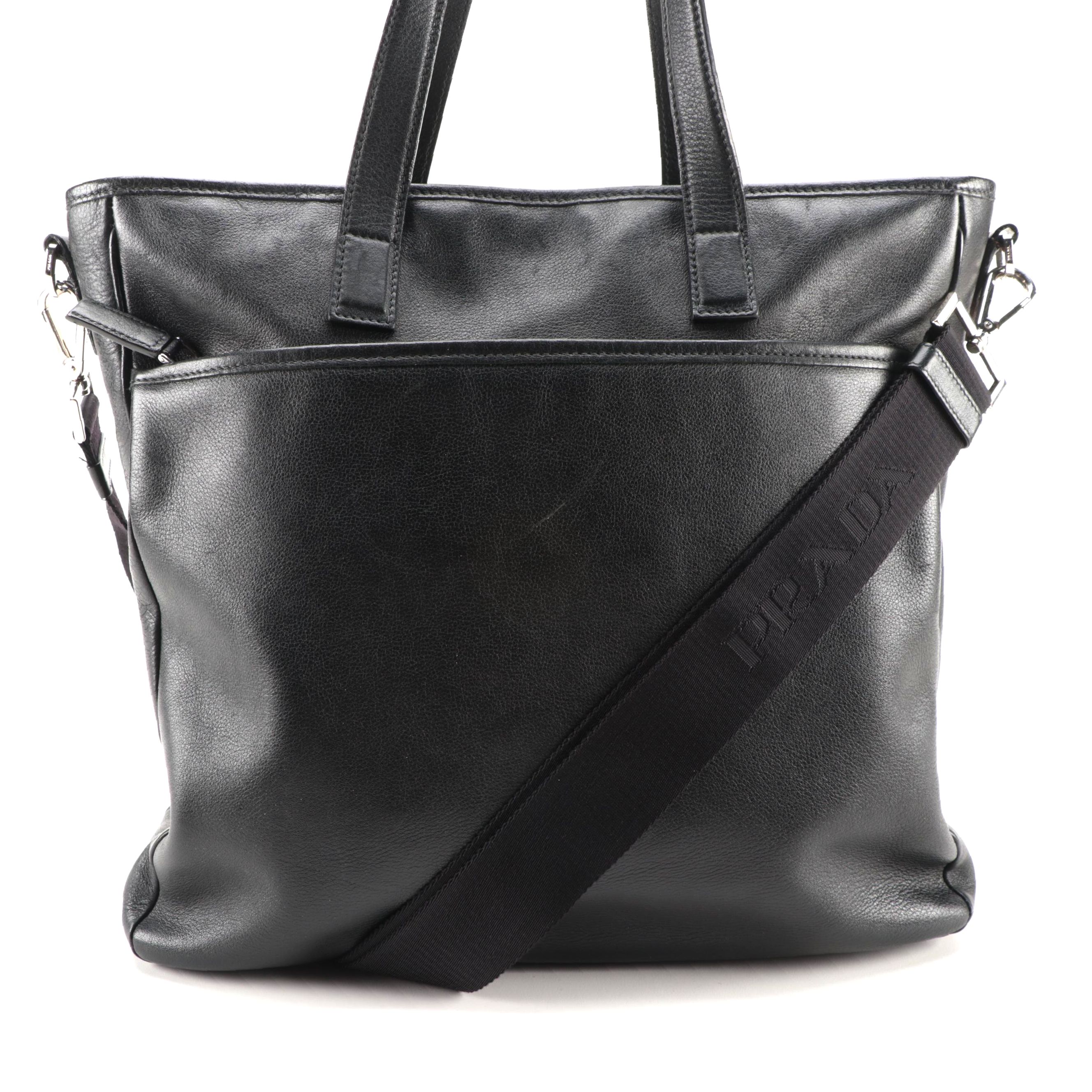 Prada Black Leather Two-Way Shoulder Zip Tote