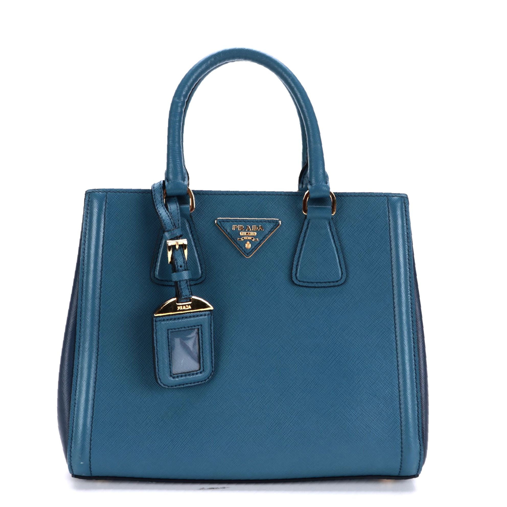 Prada Bicolor Convertible Open Tote in Blue Saffiano Leather