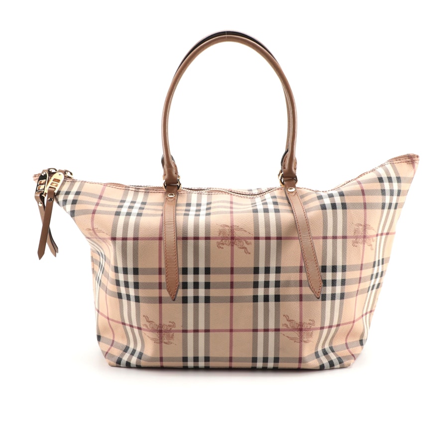 Burberry Tote in "Haymarket Check" Coated Canvas and Brown Leather