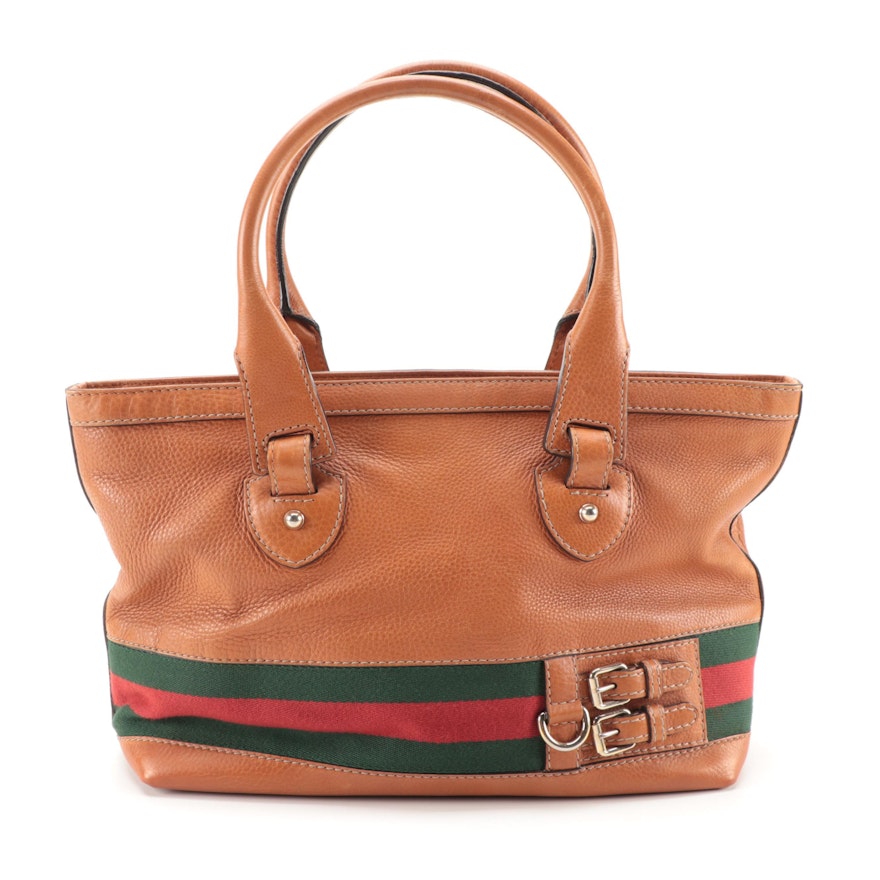 Gucci Medium Heritage Tote in Light Brown Pebbled Leather with Web Stripe
