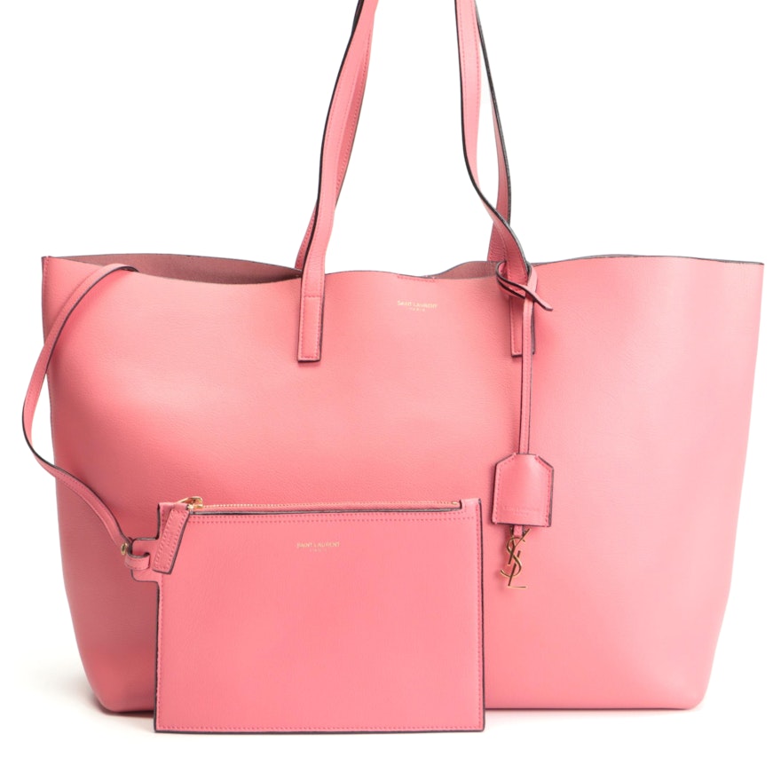 Saint Laurent Pink Leather Shopper Tote with Pouch