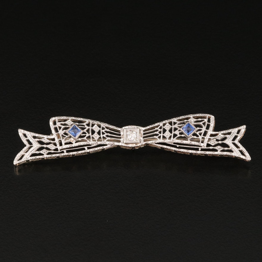 Edwardian Kohn & Company 14K Diamond and Sapphire Filigree Bow Brooch