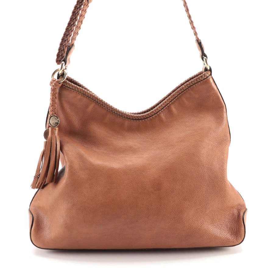 Gucci Marrakech Brown Grained Leather Hobo Bag with Braided Trim
