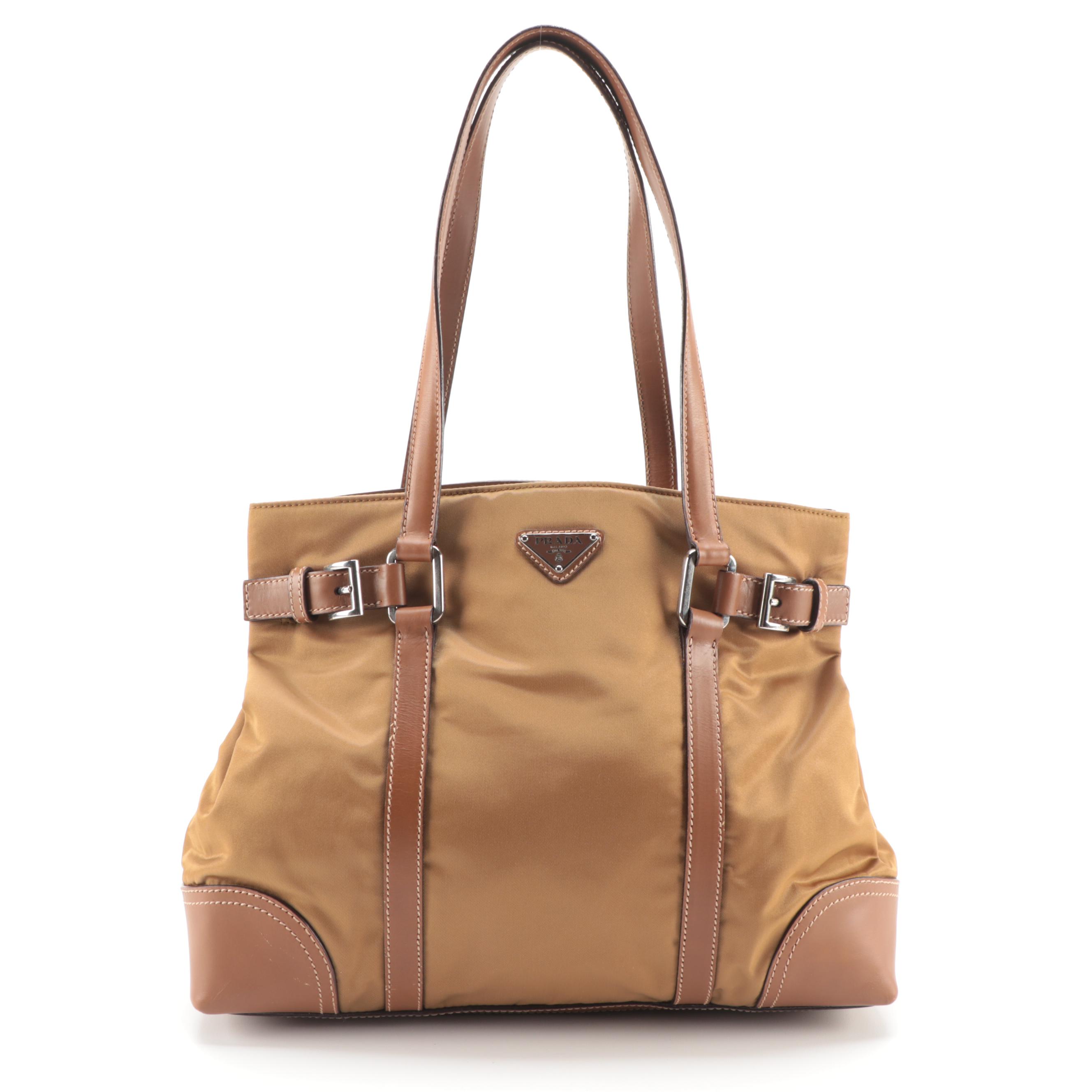 Prada Buckle Tote in Dark Gold Tessuto Nylon and Tan Leather