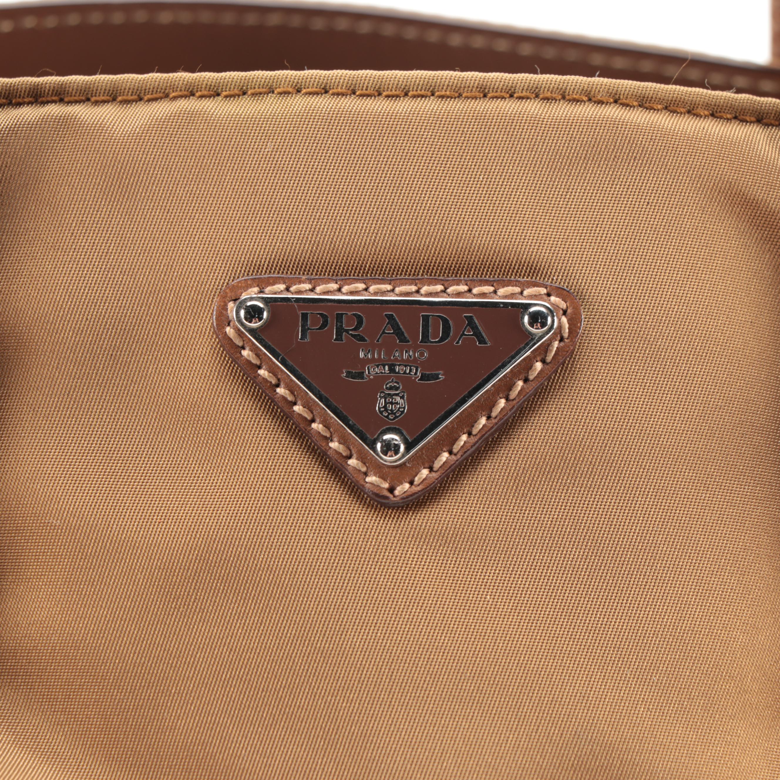 Prada Buckle Tote in Dark Gold Tessuto Nylon and Tan Leather